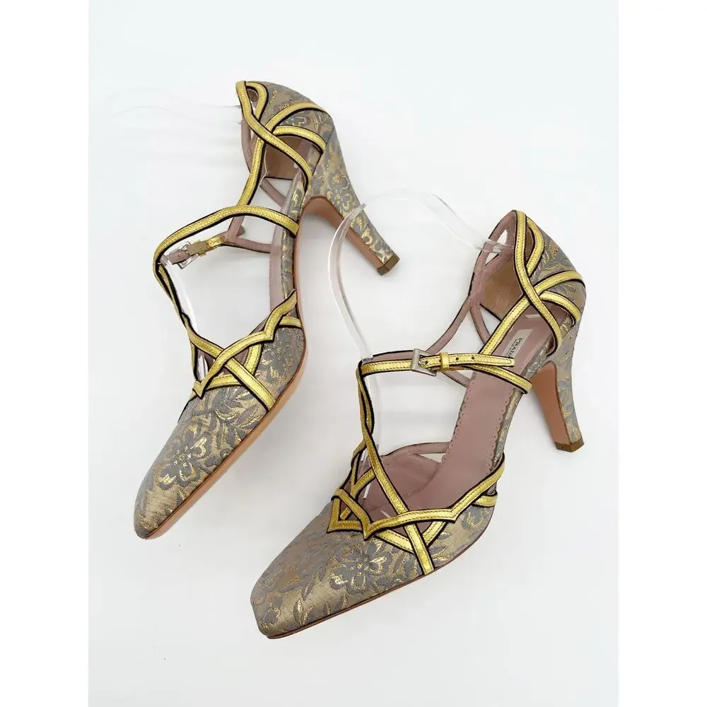 Prada Vintage Gold Floral Brocade Retro Baroque Strappy Square Toe Heels IT 40 - Picture 5 of 11